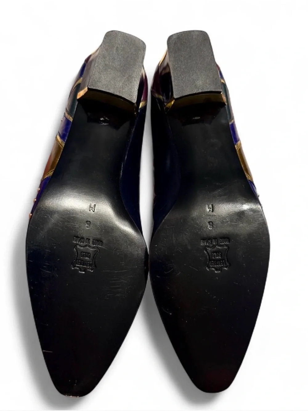 Women's Black Leather Pumps with Purple & Gold Accent Detailing